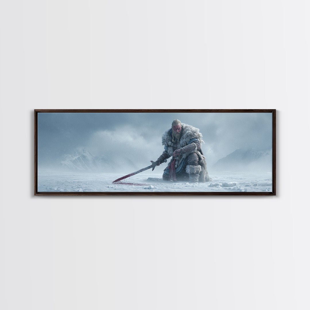 Frost Giant Warrior Kneeling In Snow Framed Canvas Print, Dark Fantasy Wall Art, Winter Mountain Decor, Epic Sword Artwork