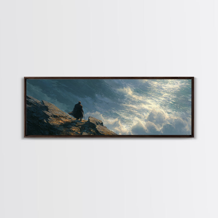 Cloaked Figure Above Crashing Ocean Wall Art, Moody Seascape Framed Canvas Print, Coastal Landscape Living Room Decor Gift