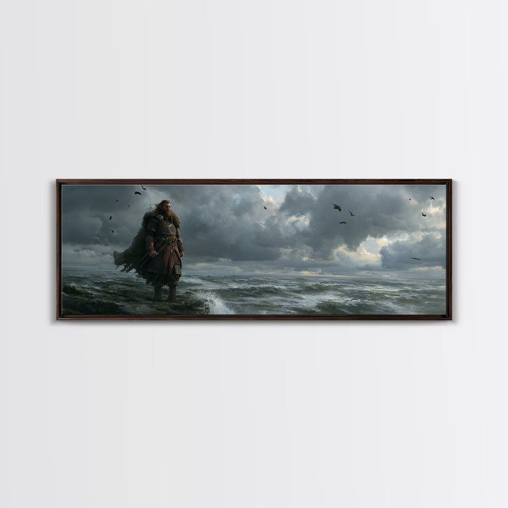 Stormy Viking By Rough Sea Framed Canvas Print, Dark Nordic Warrior Wall Decor, Raven Coastal Fantasy Art For Living Room