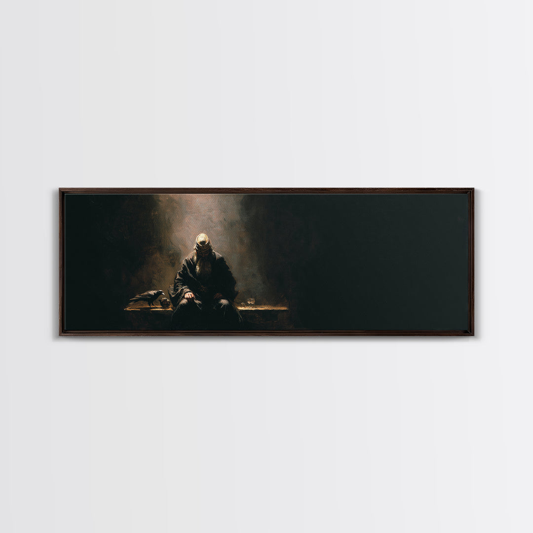 Seated Warrior In Shadow With Raven Framed Canvas Print, Dark Academia Wall Art, Gothic Medieval Decor, Moody Art, Man Cave Decor