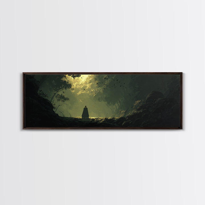 Cloaked Figure In Enchanted Forest Canvas Print, Dark Fantasy Landscape Art, Moody Wall Decor, Gothic Home Decor, Gift For Her