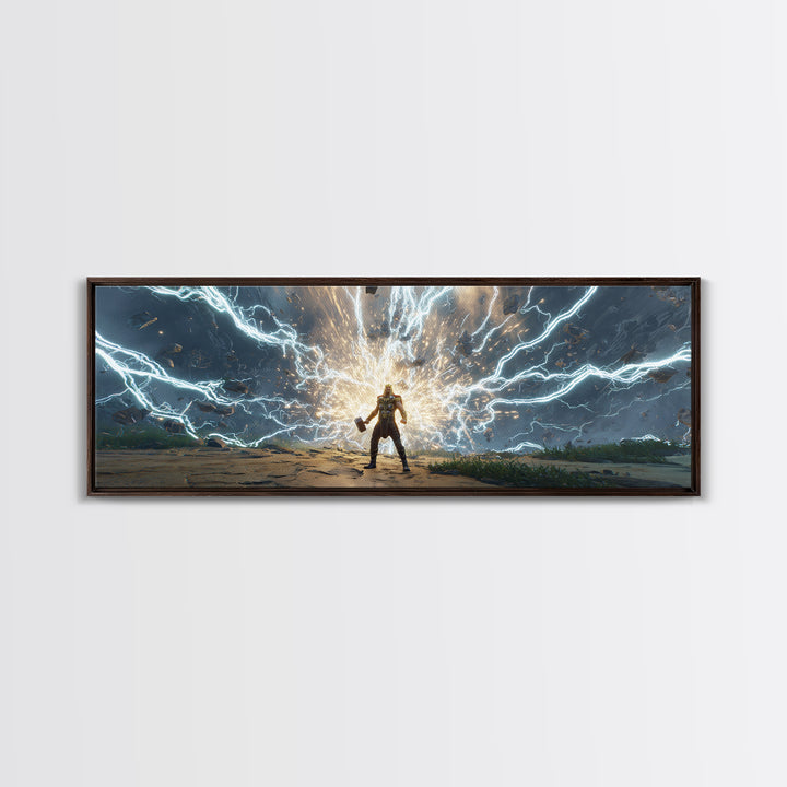 Armored Hero Facing Lightning Portal Canvas Print, Futuristic Sci Fi Wall Art, Cyberpunk Battle Decor, Epic Gaming Room Art