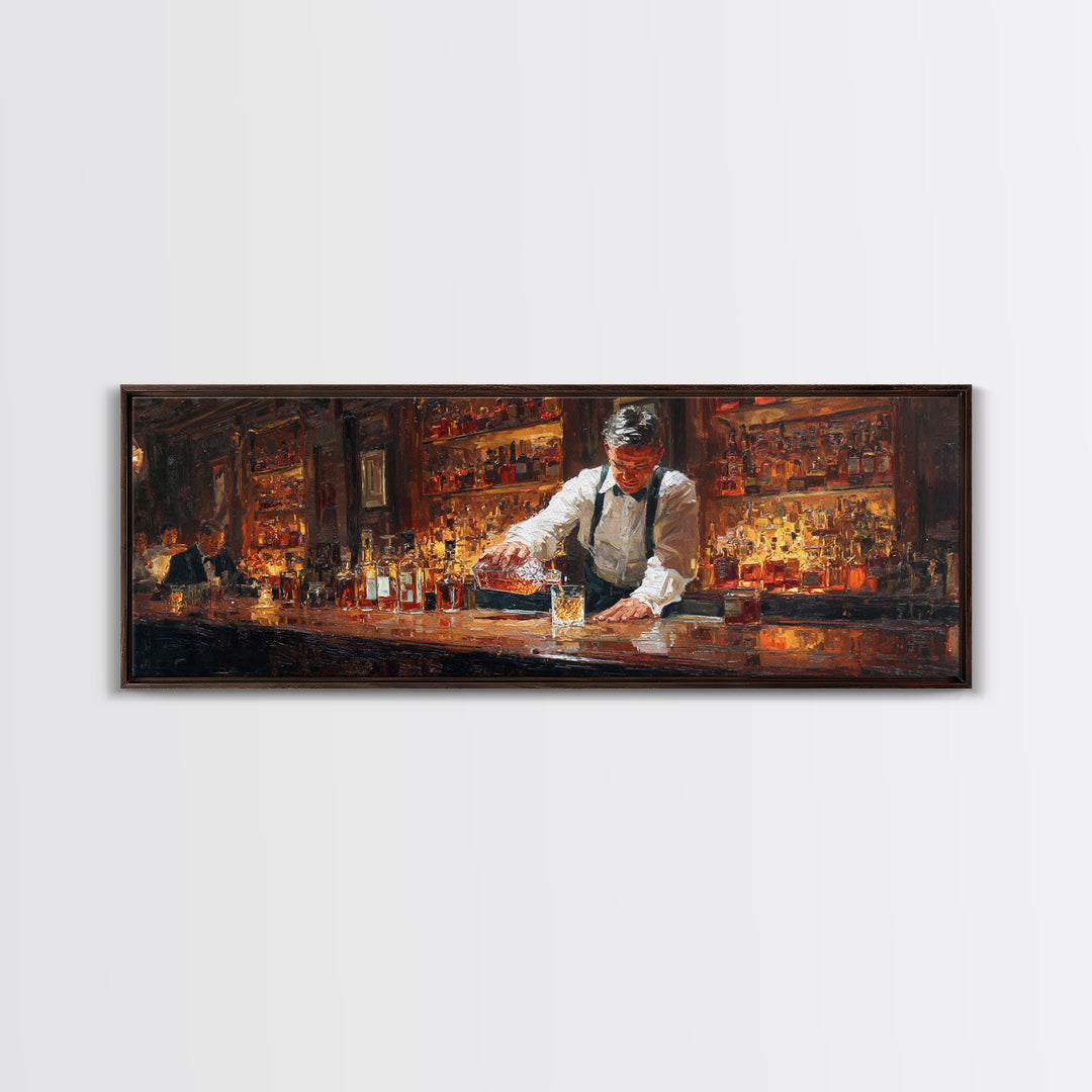 Bartender Pouring Whiskey In Classic Bar Wall Art, Speakeasy Oil Painting Canvas, Masculine Home Bar Decor Print, Gift For Him