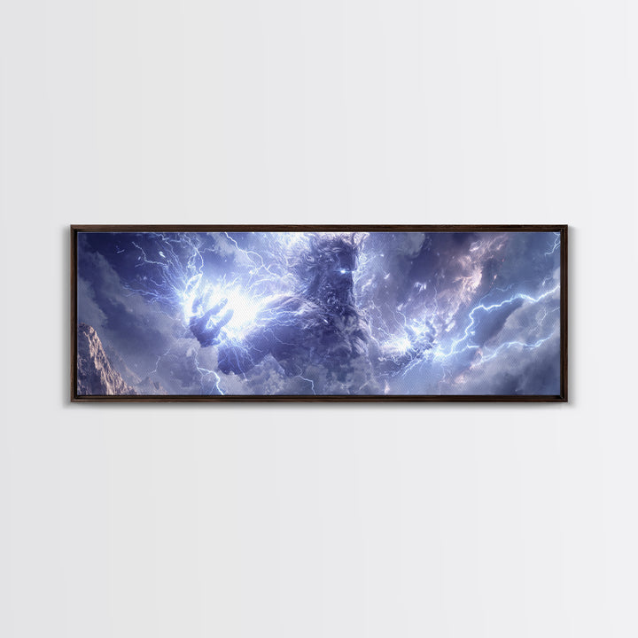 Colossal Storm Titan Wielding Lightning Canvas Print, Mythological Fantasy Wall Art, Thunder God Decor, Epic Mountain Artwork