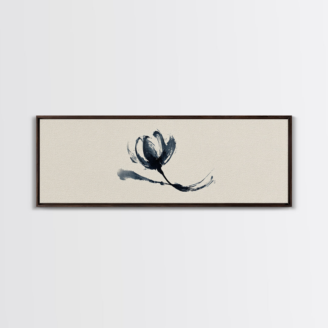 Minimalist Ink Flower On Textured Linen Wall Art, Botanical Canvas Print, Neutral Floral Decor, Japandi Bedroom Wall Art