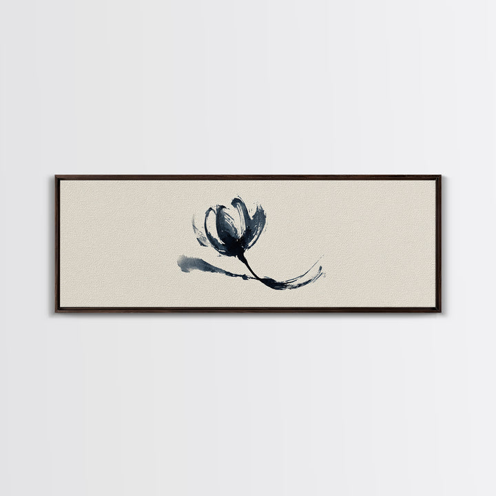 Minimalist Ink Flower On Textured Linen Wall Art, Botanical Canvas Print, Neutral Floral Decor, Japandi Bedroom Wall Art