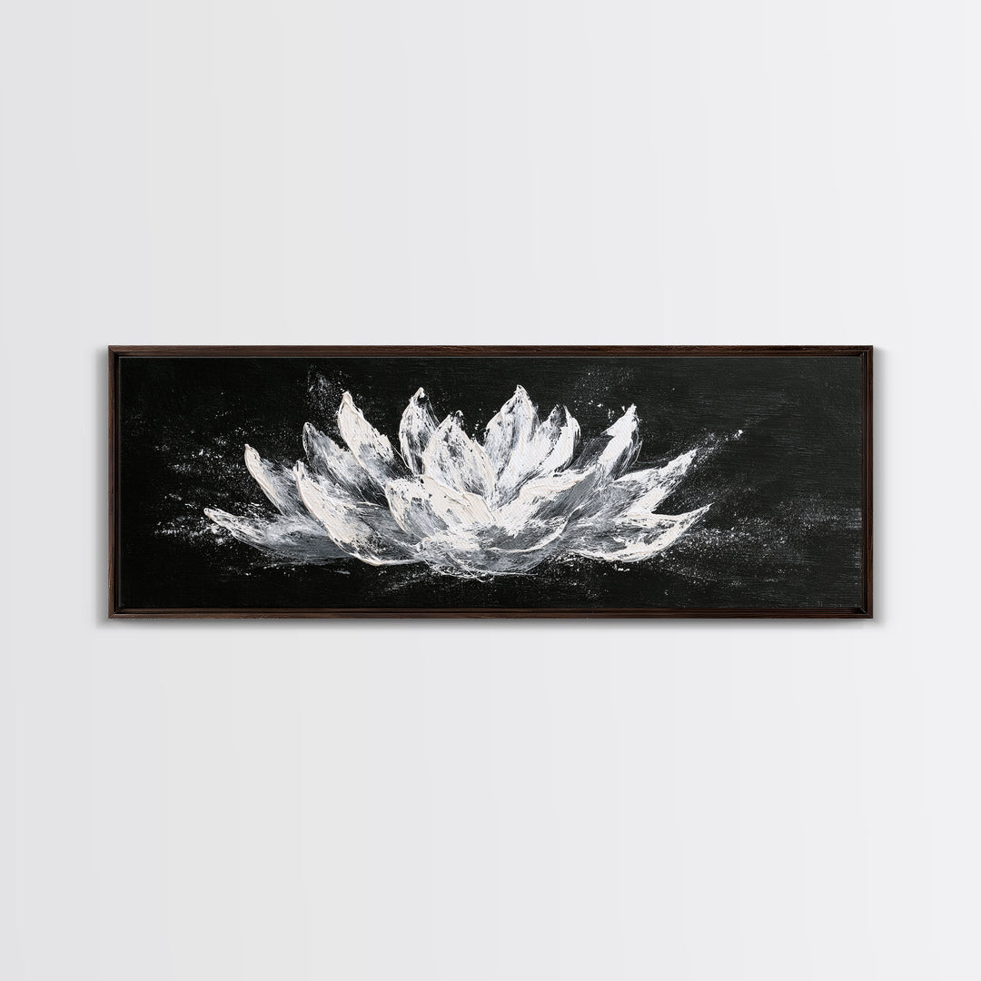 Black And White Lotus Flower Canvas Print, Textured Floral Painting, Minimalist Spa Decor, Elegant Modern Bathroom Wall Art