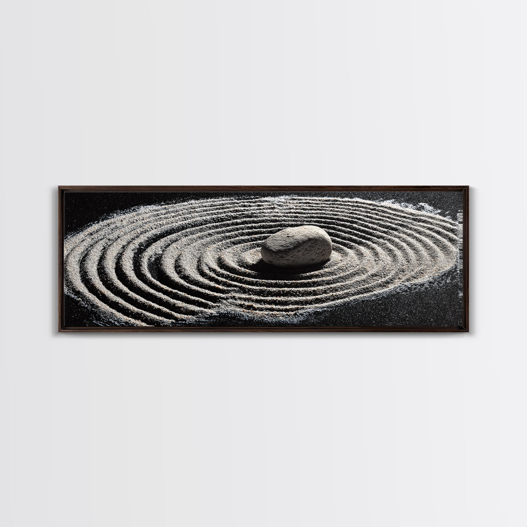 Zen Sand Garden With Center Stone Wall Art, Black And White Minimalist Decor, Japandi Meditation Print For Spa Room, Home Decor