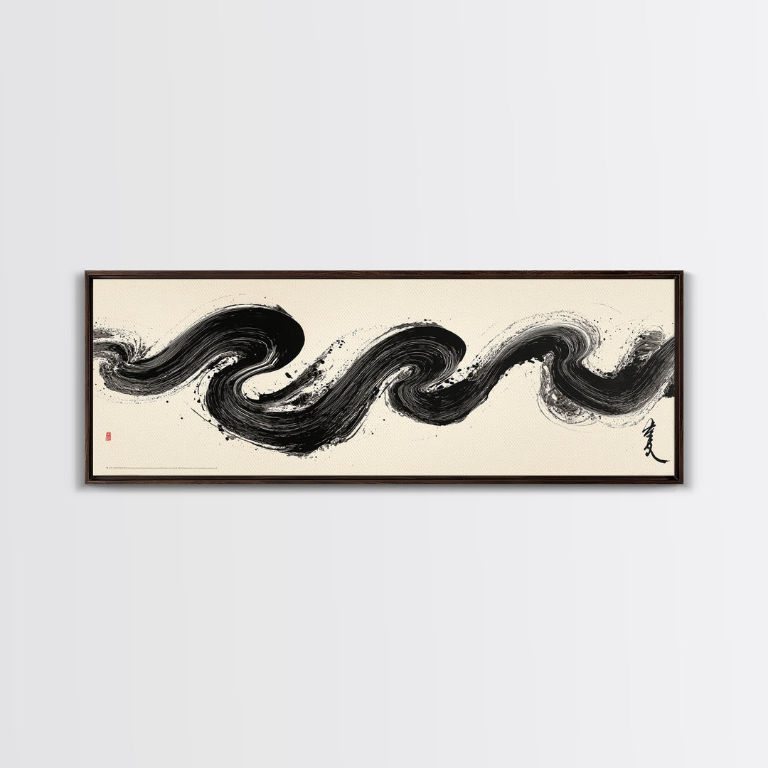 Abstract Black Ink Wave Brushstroke Wall Art, Minimalist Japanese Canvas Print, Zen Calligraphy Decor For Modern Home Wall Decor