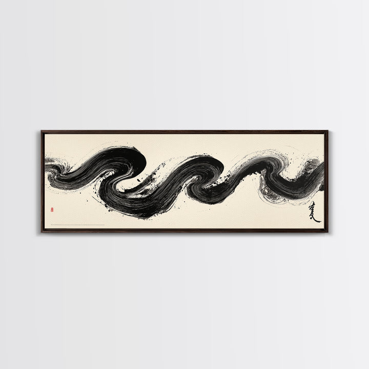 Abstract Black Ink Wave Brushstroke Wall Art, Minimalist Japanese Canvas Print, Zen Calligraphy Decor For Modern Home Wall Decor