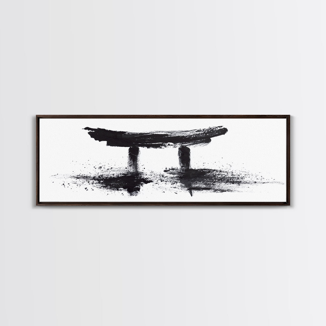 Black Ink Japanese Torii Gate Wall Art, Minimalist Canvas Print, Zen Calligraphy Decor, Black And White Japandi Office Wall Decor