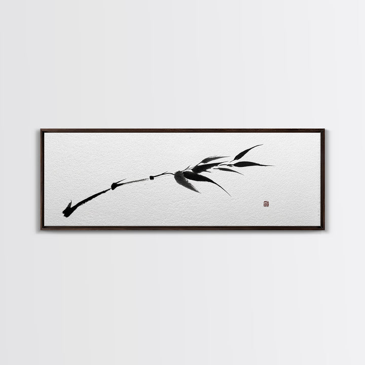 Minimalist Black Bamboo Ink Branch Wall Art, Japanese Zen Canvas Print, Monochrome Botanical Decor, Wabi Sabi Office Art
