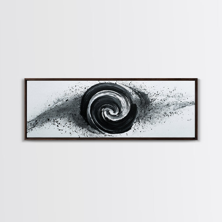 Black And White Spiral Wall Art, Abstract Ink Brush Circle Canvas Print, Monochrome Modern Office Decor, Minimalist Art Print