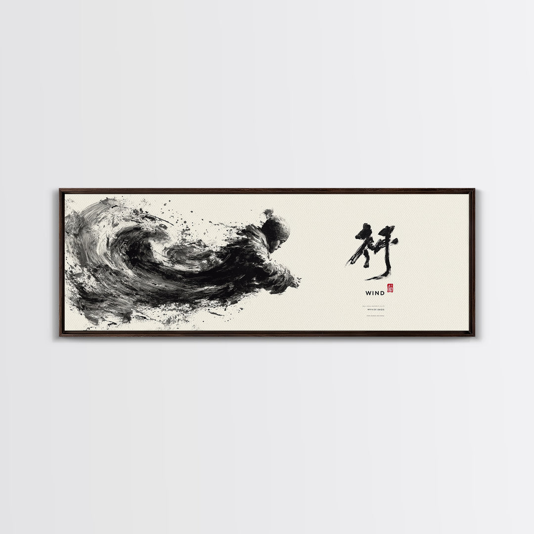 Black Ink Wind Wave Wall Art, Japanese Calligraphy Canvas Print, Minimalist Zen Decor, Black And White Office Print, Martial Arts Home Decor
