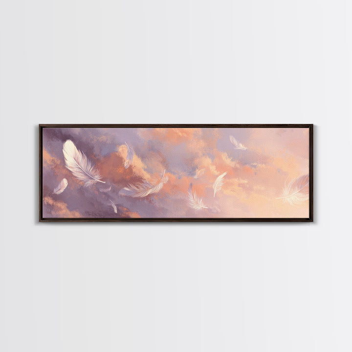 Floating White Feathers Canvas Print, Pastel Sky Wall Art, Dreamy Cloud Decor, Calming Bedroom Or Nursery Artwork Gift For Her