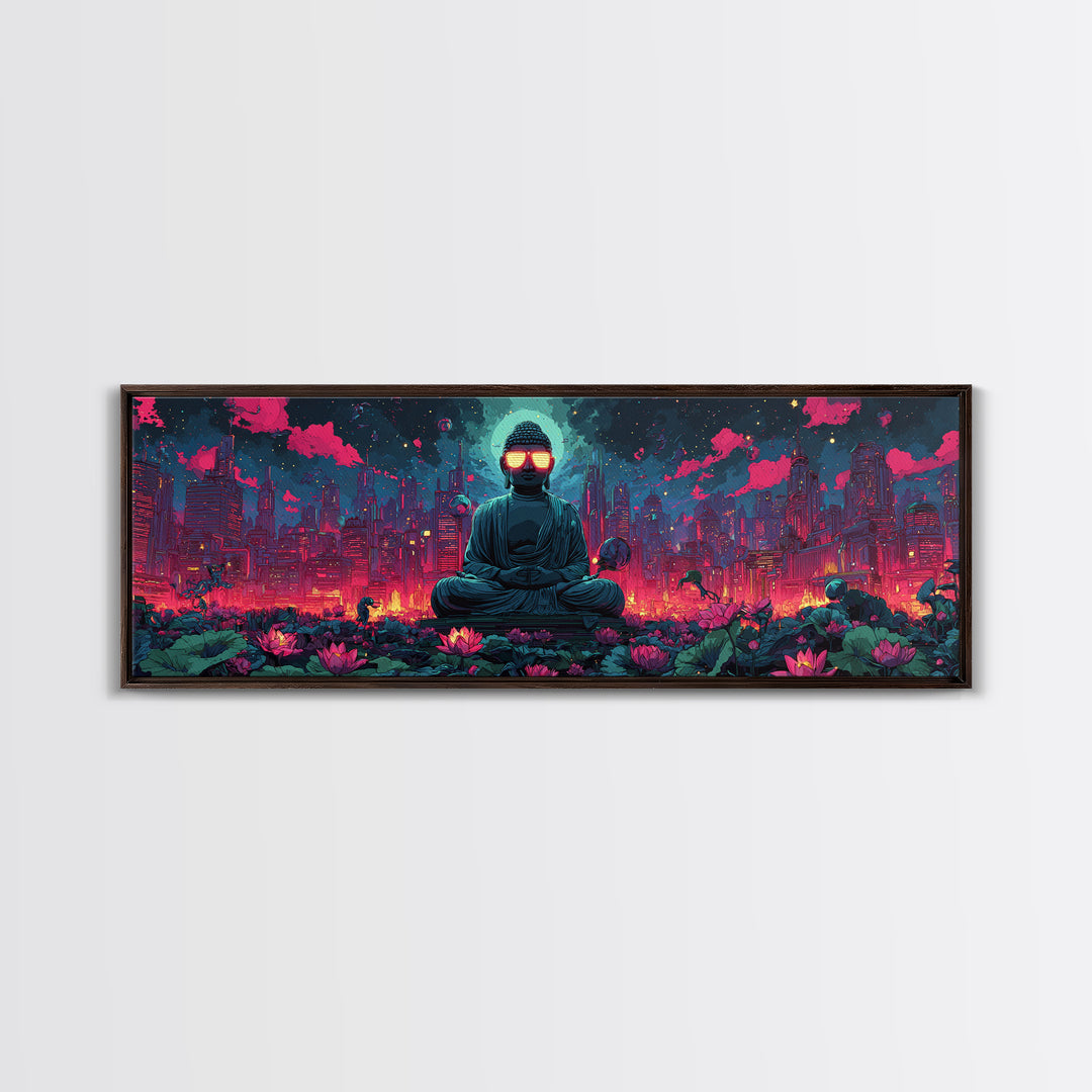 Neon Cyberpunk Buddha City Canvas Print, Futuristic Wall Art, Meditation Decor, Lotus Garden, Gaming Room Poster, Sci Fi Home Decor