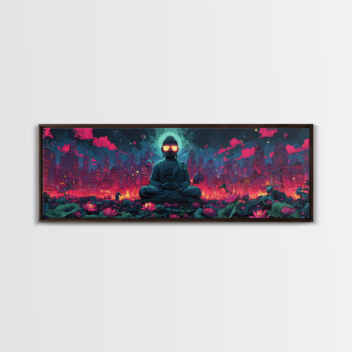 Neon Cyberpunk Buddha City Canvas Print, Futuristic Wall Art, Meditation Decor, Lotus Garden, Gaming Room Poster, Sci Fi Home Decor