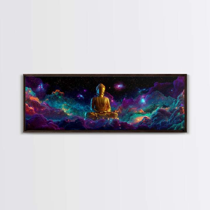 Golden Buddha In Cosmic Nebula Clouds Wall Art, Meditation Room Decor, Spiritual Canvas, Yoga Studio, Celestial Print Gift
