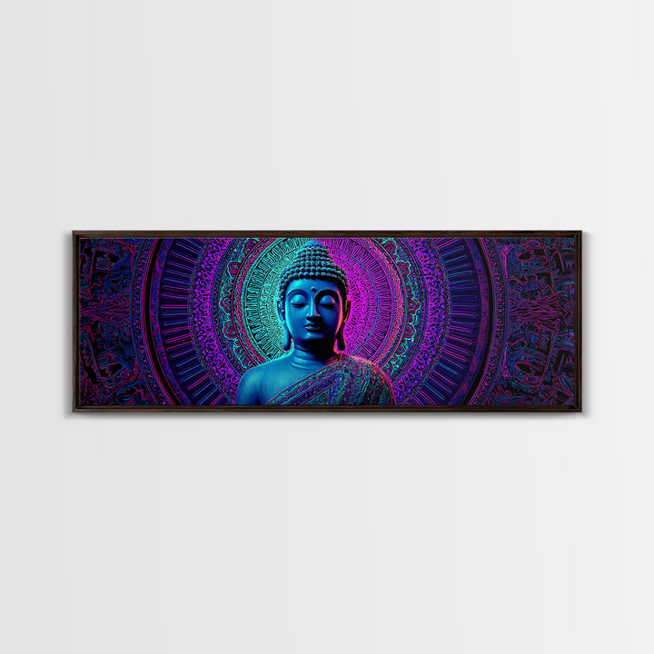Neon Blue Buddha Meditation Wall Art, Framed Canvas Print, Zen Spiritual Decor, Mandala Yoga Room And Calming Spa Wall Decor