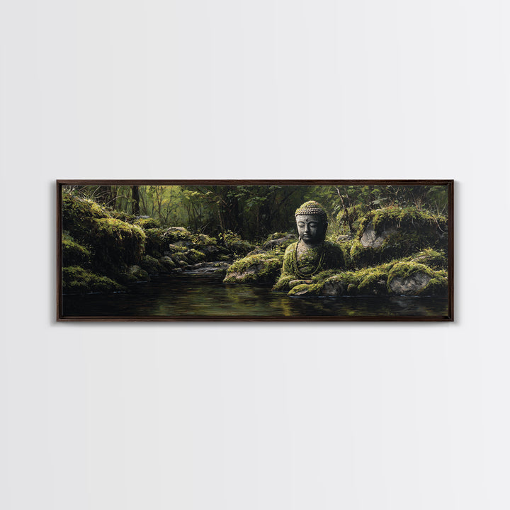 Mossy Buddha Forest Stream Wall Art, Zen Meditation Canvas Print For Spa Decor, Japandi Bathroom Decor And Nature Wall Art