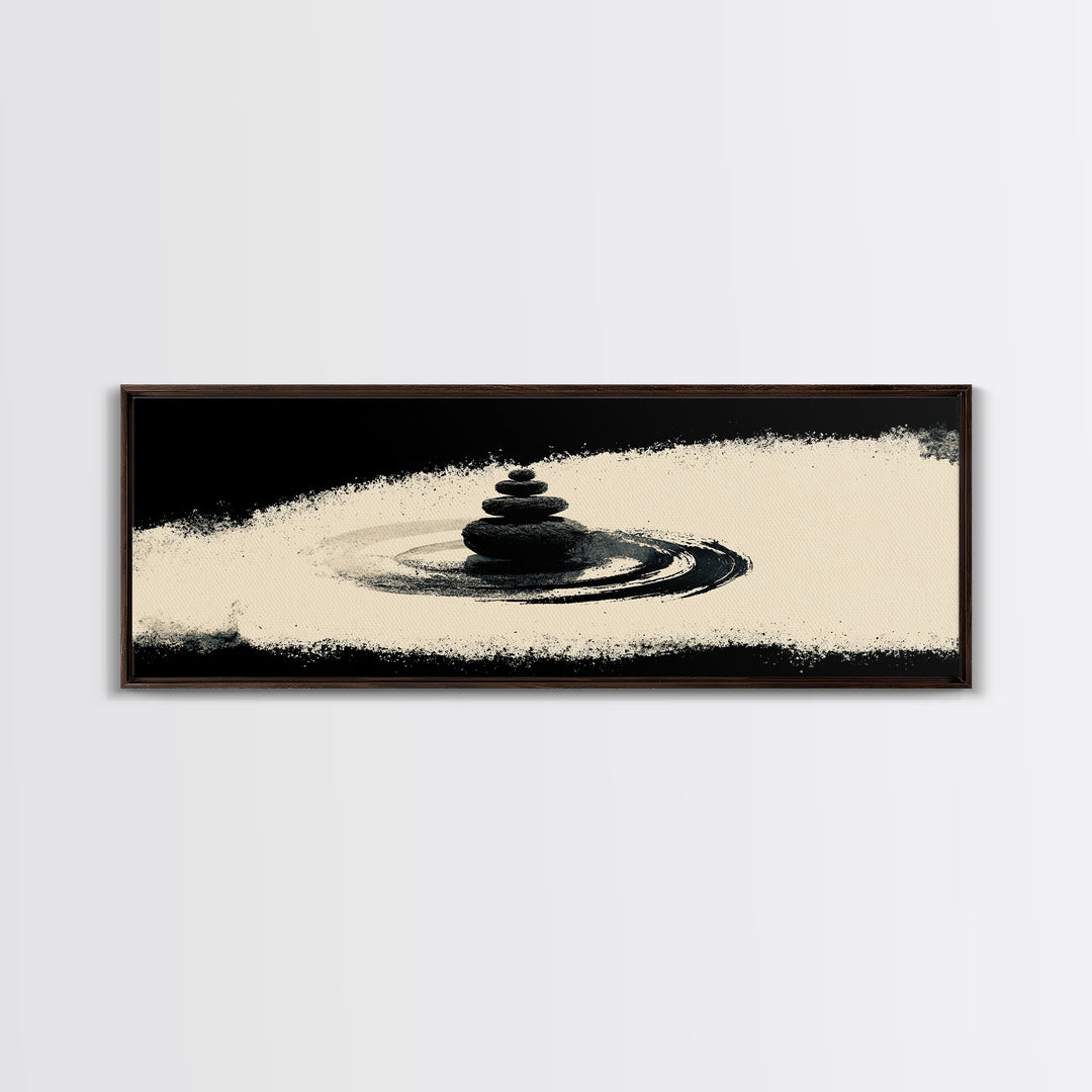 Minimal Zen Stone Stack In Black Ink Circle, Minimalist Wall Art, Japandi Wall Decor, Meditation Room Decor, Spa Home Decor