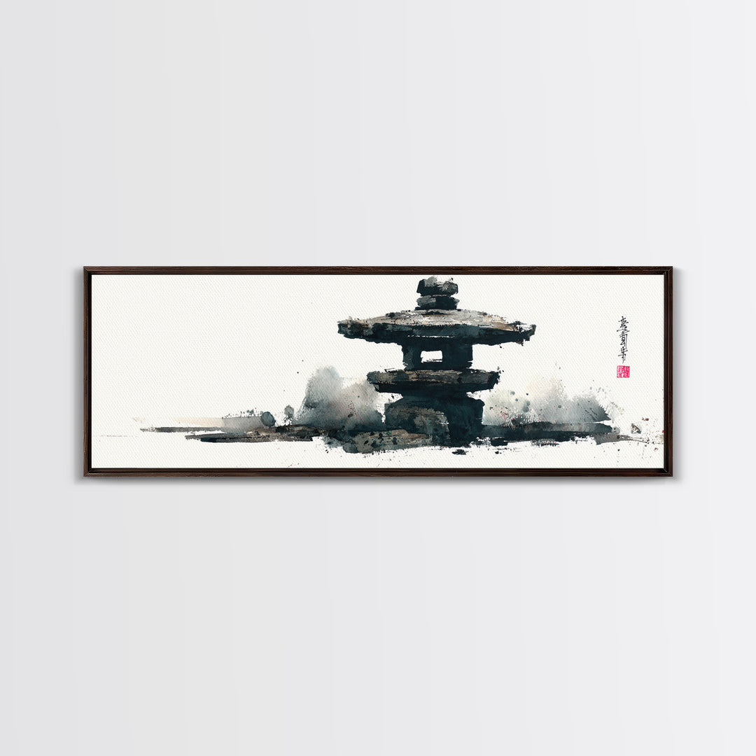 Minimal Japanese Pagoda Ink Wash Wall Art, Zen Framed Canvas Print For Japandi Decor, Asian Wall Decor And Meditation Room