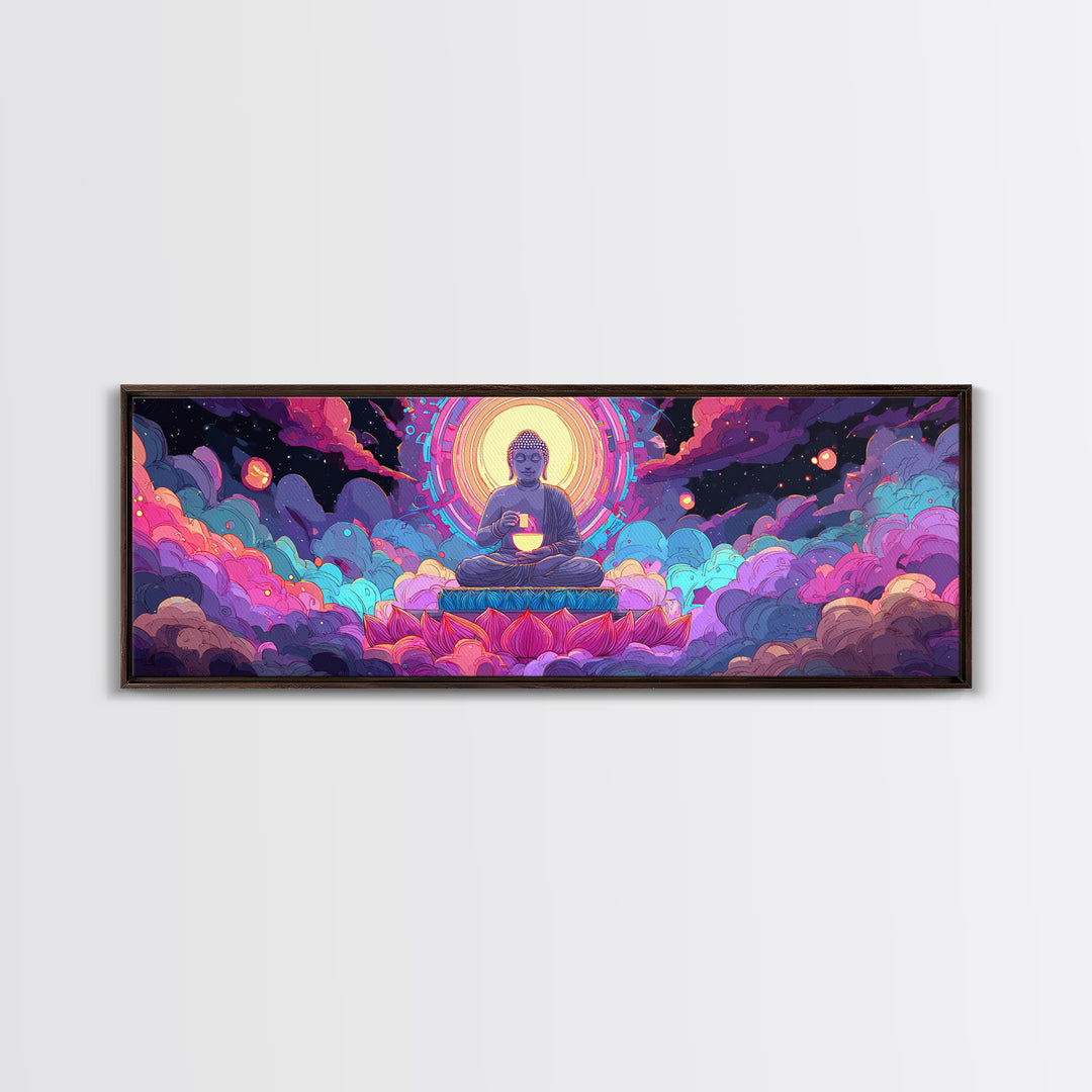 Radiant Buddha Lotus Meditation Canvas Print, Psychedelic Celestial Wall Art For Yoga Studio, Spiritual Home Decor Print