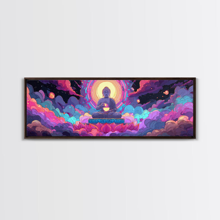 Radiant Buddha Lotus Meditation Canvas Print, Psychedelic Celestial Wall Art For Yoga Studio, Spiritual Home Decor Print