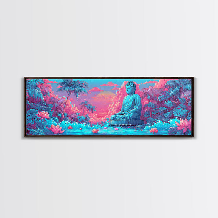 Pink Blue Buddha Garden Wall Art, Zen Meditation Canvas Print, Lotus Flower Spiritual Decor, Tropical Calming Room Art Print