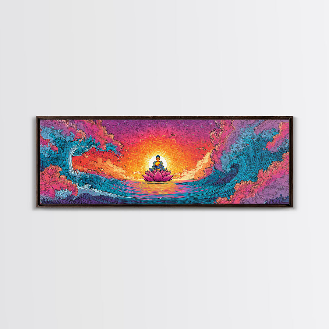 Pixel Buddha On Lotus Waves Wall Art, Celestial Meditation Canvas Print, Zen Yoga Room Decor, Vibrant Spiritual Gift For Home Decor