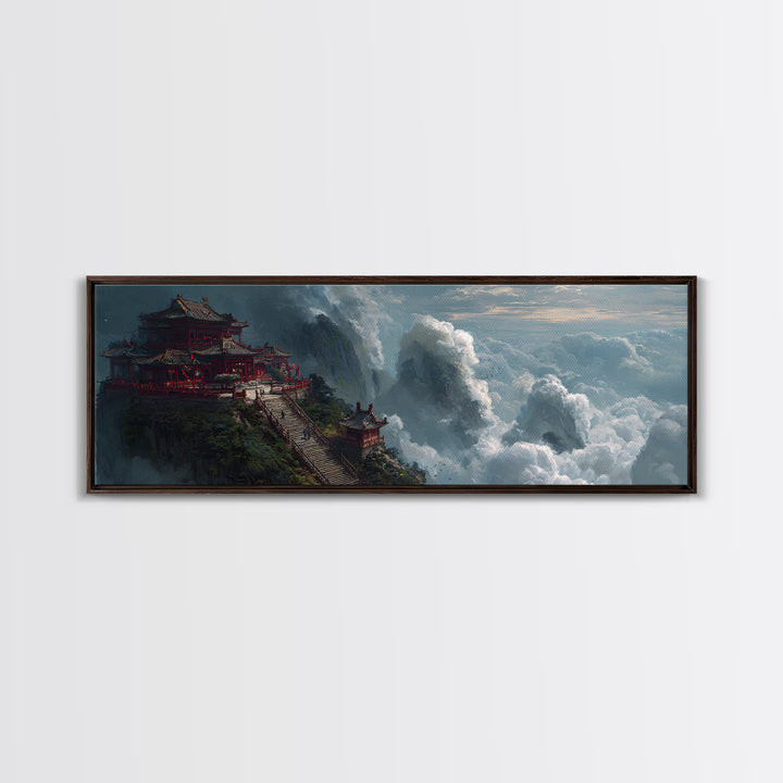 Cloud Temple Mountain Wall Art, Asian Pagoda Fantasy Landscape, Zen Home Decor Framed Canvas Print, Large Living Room Art