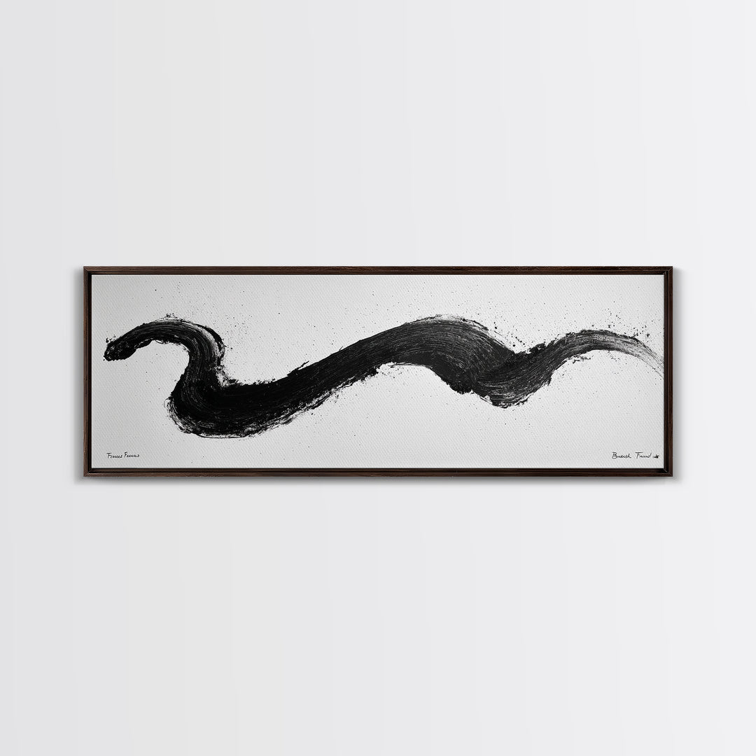 Black Brushstroke Abstract Wall Art, Minimalist Ink Canvas Print, Black And White Modern Office Decor, Horizontal Wall Art