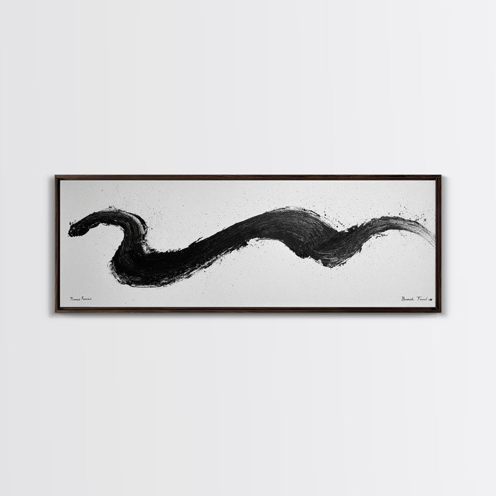 Black Brushstroke Abstract Wall Art, Minimalist Ink Canvas Print, Black And White Modern Office Decor, Horizontal Wall Art