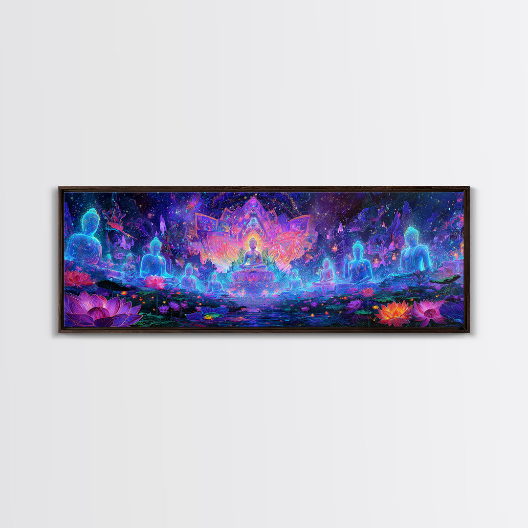 Glowing Lotus Buddha Meditation Wall Art, Psychedelic Spiritual Canvas Print, Yoga Studio Decor, Celestial Mindfulness Gift