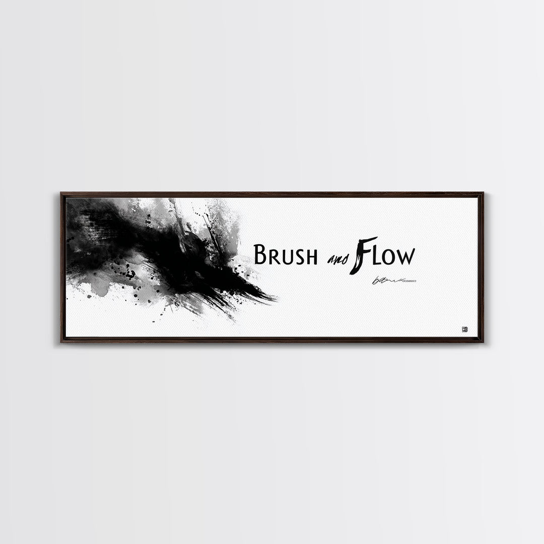 Brush And Flow Black Ink Canvas Print, Abstract Calligraphy Wall Art, Minimalist Black And White Office Wall Decor Print