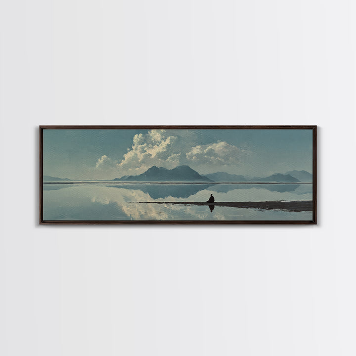 Quiet Mountain Lake Reflection With Lone Figure, Minimalist Wall Art, Landscape Canvas Print, Neutral Living Room Decor