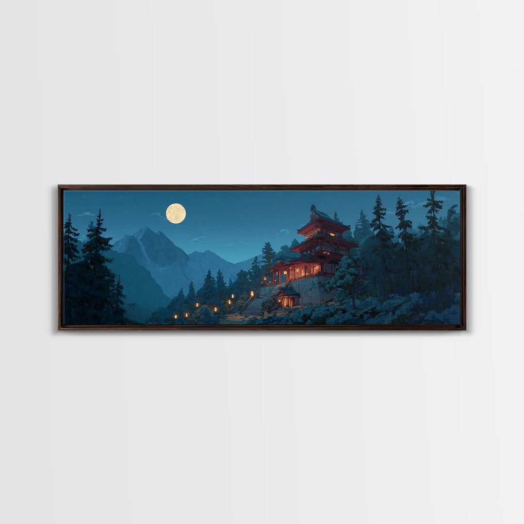 Moonlit Japanese Pagoda In Snowy Pines Wall Art, Japandi Mountain Landscape Canvas Print, Zen Decor, Serene Winter Home Decor