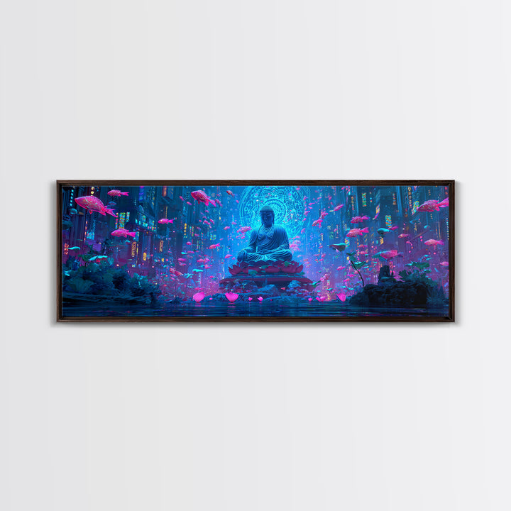 Neon Buddha Fish Temple Canvas Print, Zen Cyberpunk Wall Art, Meditation Room Decor, Futuristic Spiritual Wall Art Print