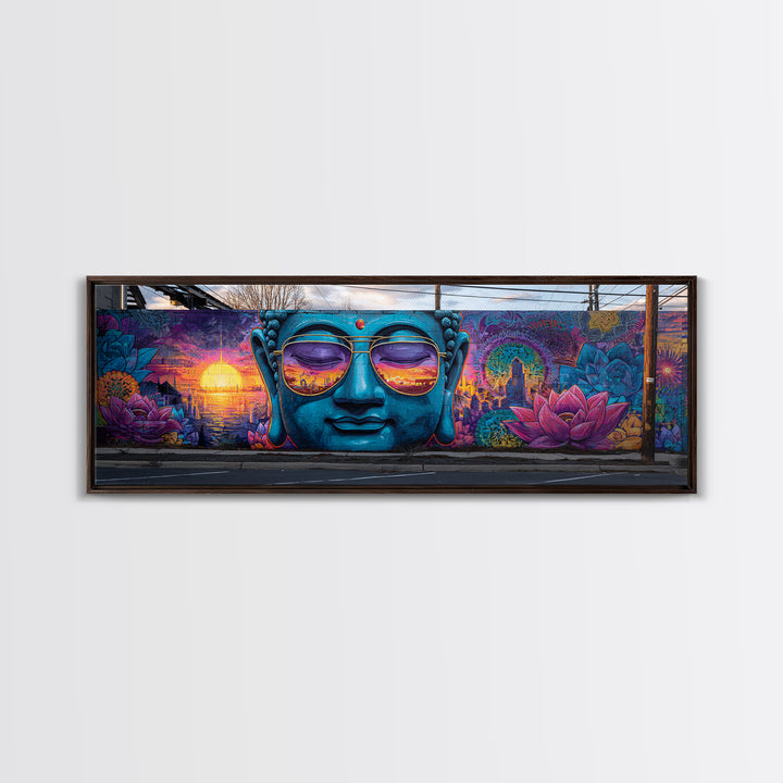 Buddha Mural With Sunset Sunglasses Wall Art, Urban Graffiti Canvas Print, Meditation Decor, Lotus Street Art, Calming Zen Gift