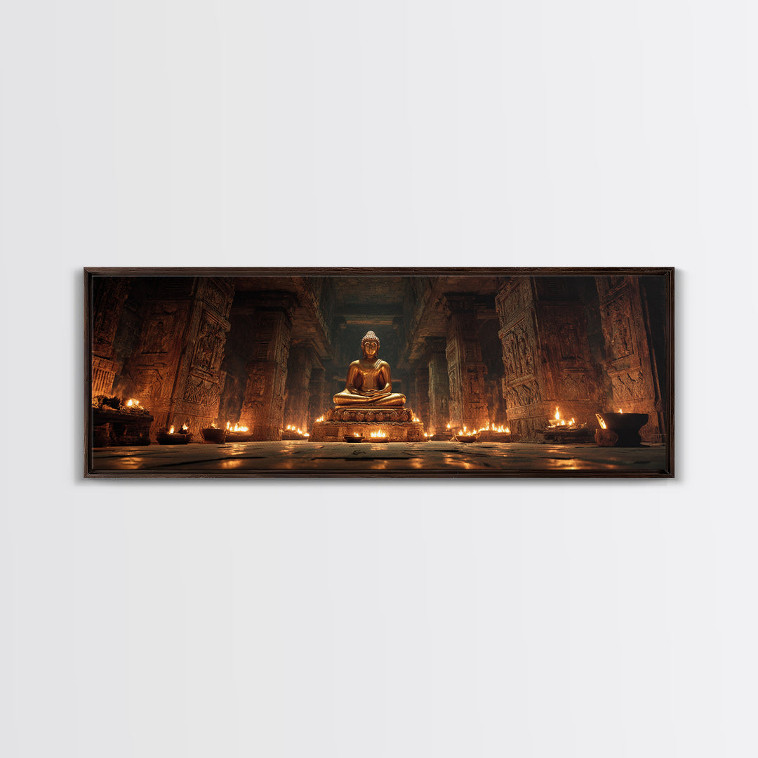 Golden Buddha In Candlelit Temple Framed Canvas Print, Spiritual Meditation Wall Art, Zen Spa Decor For Prayer Room And Yoga Room