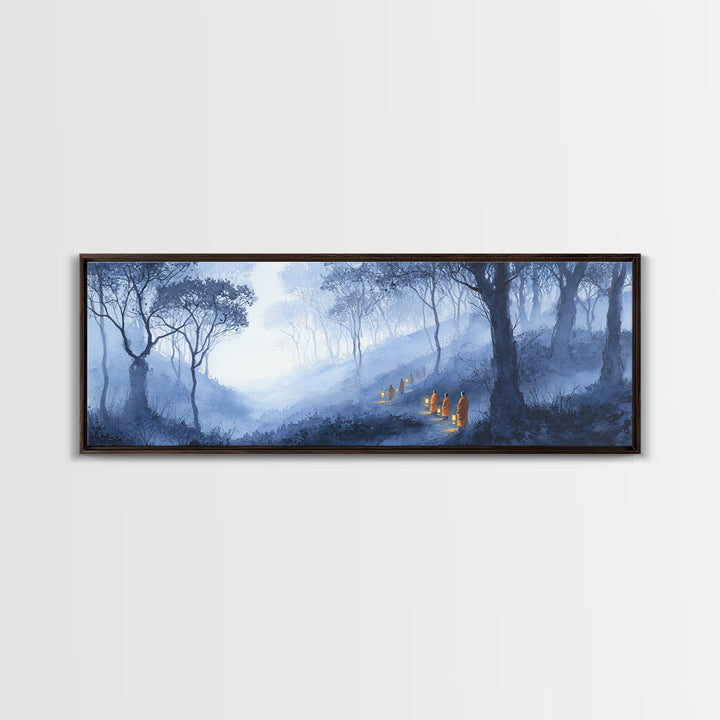Misty Blue Enchanted Forest Wall Art, Hooded Lantern Path Fantasy Landscape, Dark Academia Decor, Gothic Canvas Print Gift