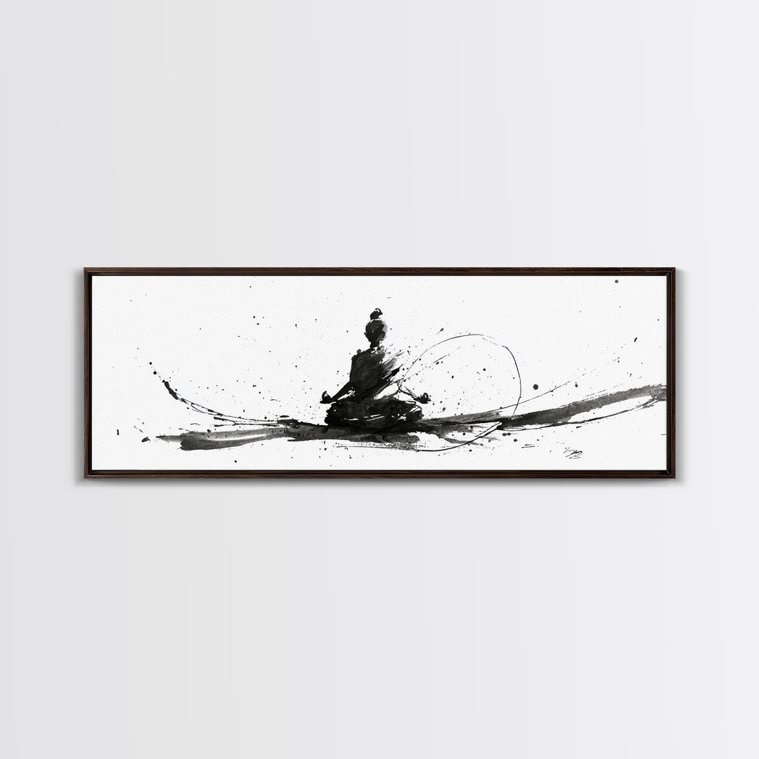 Minimalist Ink Meditation Figure Wall Art, Black And White Zen Canvas Print, Mindfulness Decor For Yoga Studio And Office