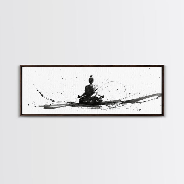 Minimalist Ink Meditation Figure Wall Art, Black And White Zen Canvas Print, Mindfulness Decor For Yoga Studio And Office