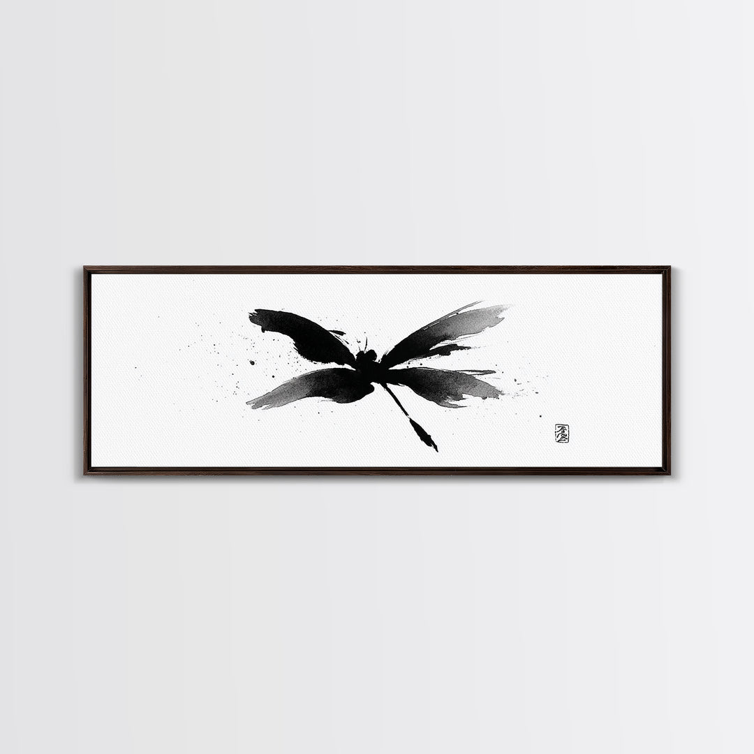 Black Ink Dragonfly Wall Art, Minimalist Japanese Brush Painting, Zen Decor, Black And White Art, Horizontal Canvas Print