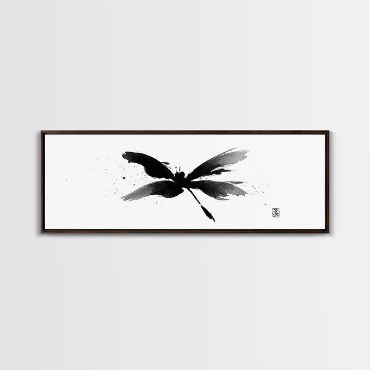 Black Ink Dragonfly Wall Art, Minimalist Japanese Brush Painting, Zen Decor, Black And White Art, Horizontal Canvas Print