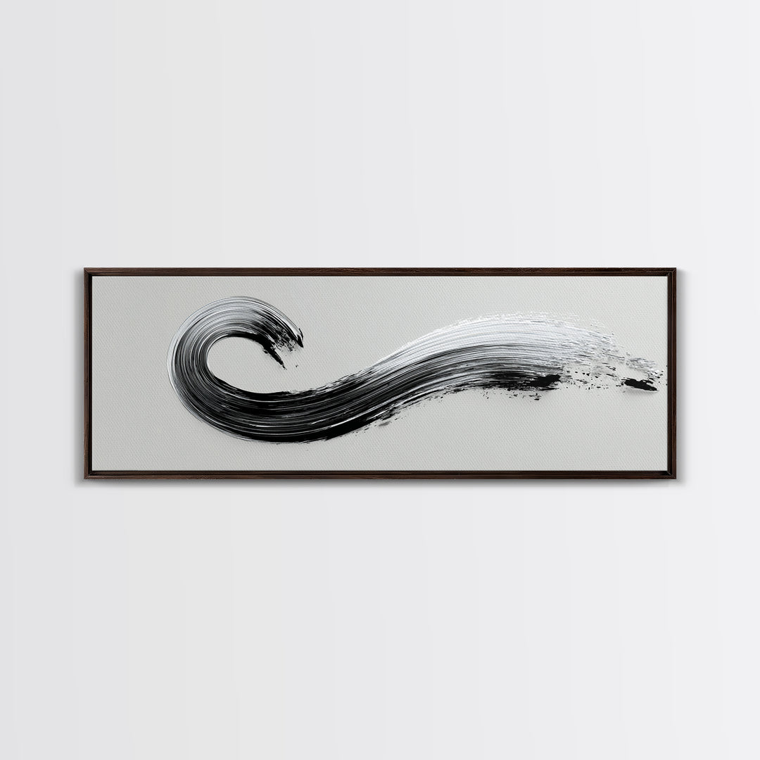 Black Ink Wave Canvas Print, Minimalist Wall Art, Japanese Sumi Painting, Abstract Line Art, Neutral Decor, Zen Office Poster