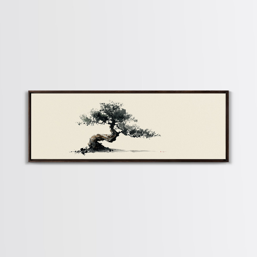 Minimalist Bonsai Tree Wall Art, Japanese Ink Painting Print, Zen Home Decor, Japandi Office Art, Calming Nature Canvas Print