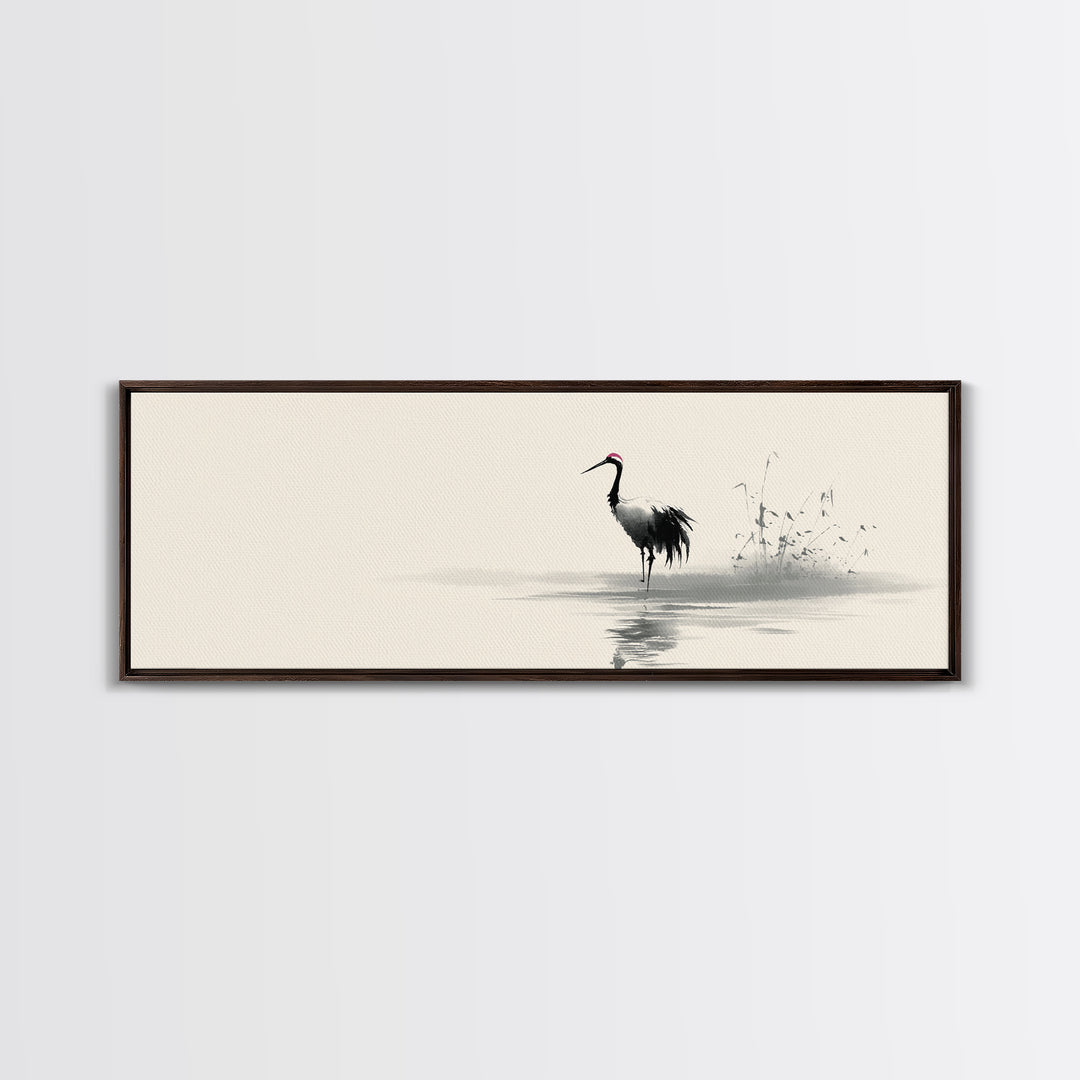 Minimalist Crane By Water Framed Canvas Print, Japanese Wall Art, Zen Bird Illustration, Neutral Living Room Decor, Fine Art Print