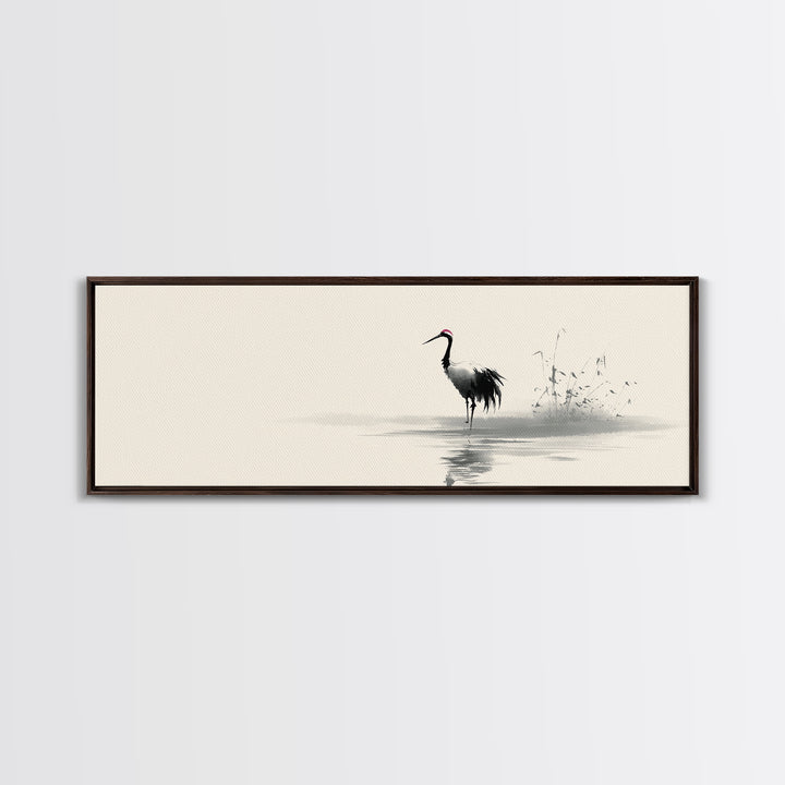 Minimalist Crane By Water Framed Canvas Print, Japanese Wall Art, Zen Bird Illustration, Neutral Living Room Decor, Fine Art Print