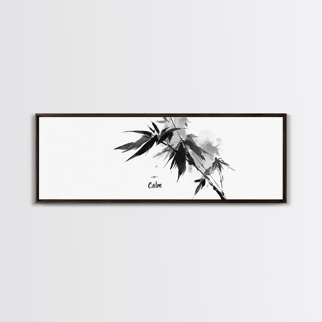 Black Ink Bamboo Calm Wall Art, Minimalist Japanese Zen Brush Painting, Black And White Decor, Peaceful Meditation Canvas Print